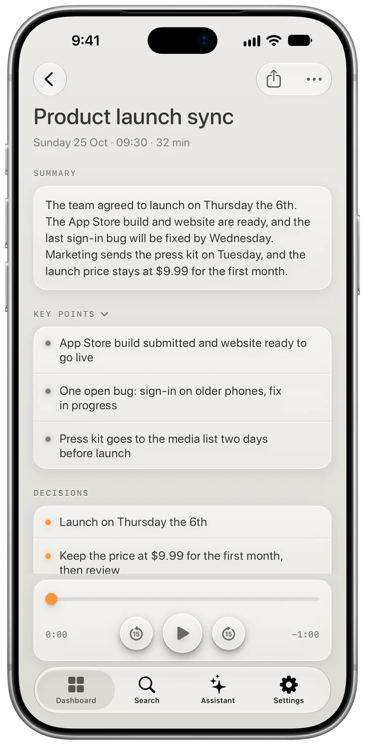 A meeting's summary, key points and decisions